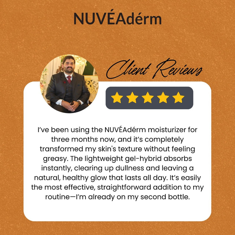 NUVéAdérm client review on a brown background with a five-star rating.
